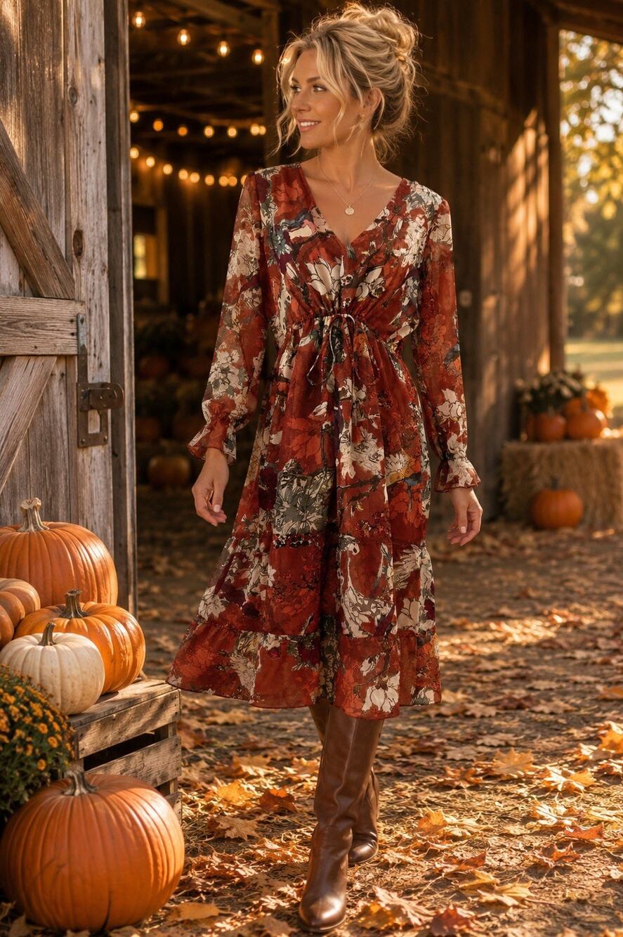 Hemant & Nandita Zeri Rust Brown Floral Bird Peasant Midi Maxi Dress Size 8